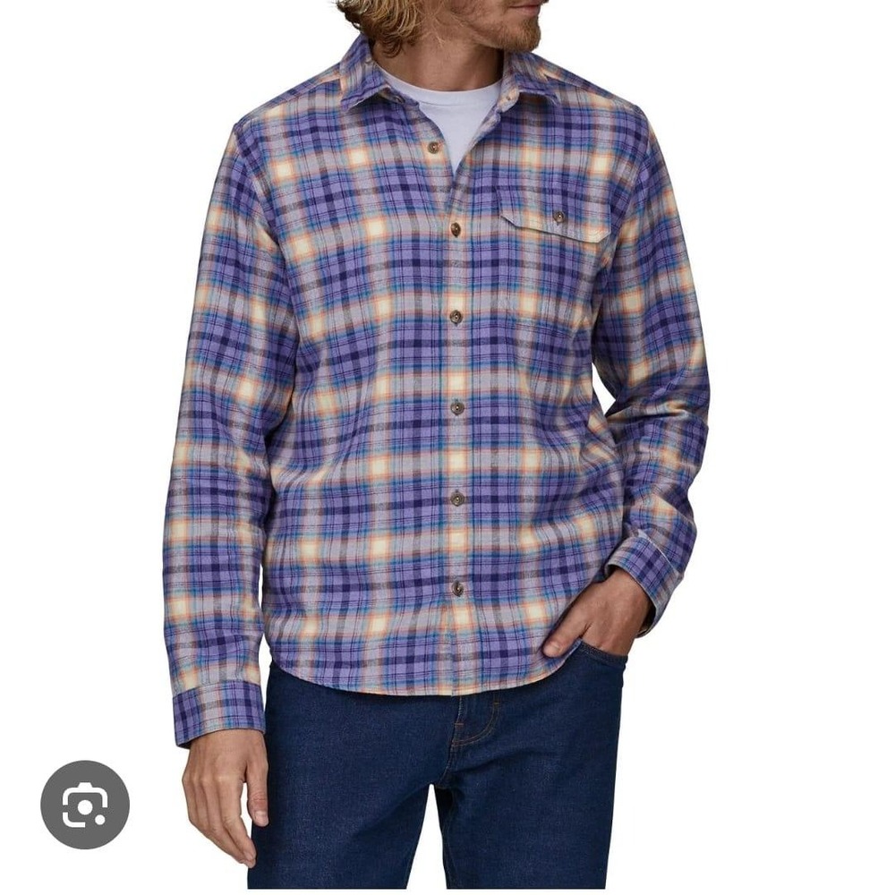 Patagonia Mens Organic Cotton Long Sleeve Plaid Flannel Shirt Purple Blue L